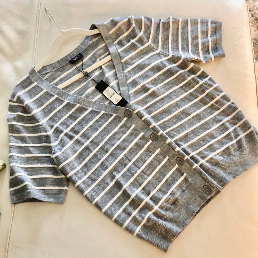 Talbots short sleeve shimmery v neck button down sweater. PL, NWT